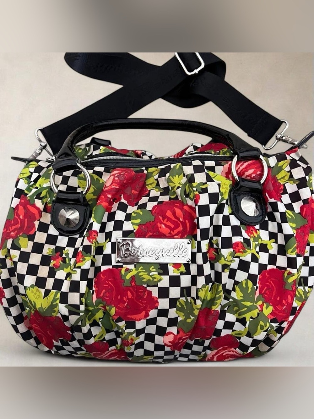 🌹🖤 Y2K Betseyville Floral Checkerboard Satchel Bag 🖤🌹